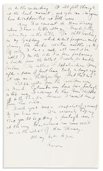 COPLAND, AARON. Three Autograph Letters Signed, Aaron, to Dear Drew,